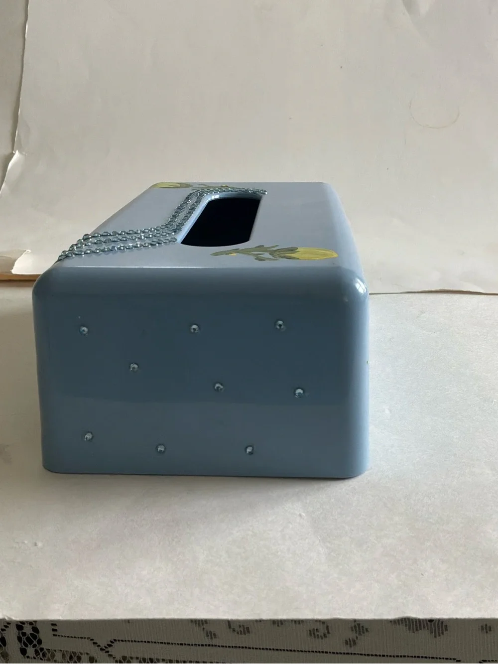 Hand Crafted Light Blue Decorative Tissue Box Cover with Yellow Floral Accents